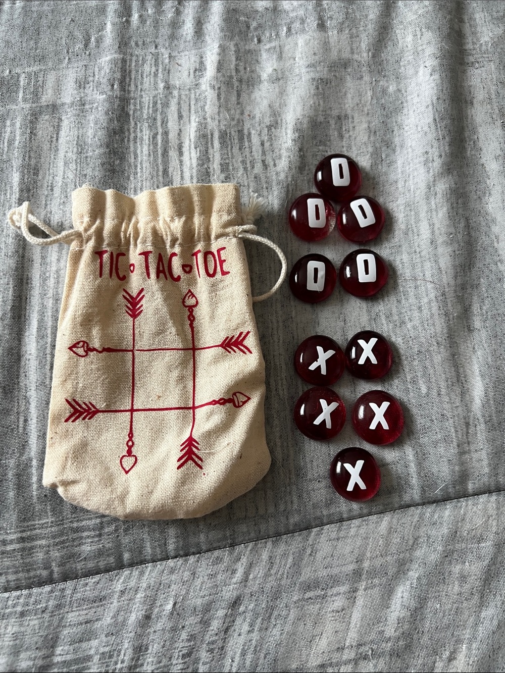 Tic Tac Toe Travel Set with Burgundy Glass Markers and Canvas Pouch